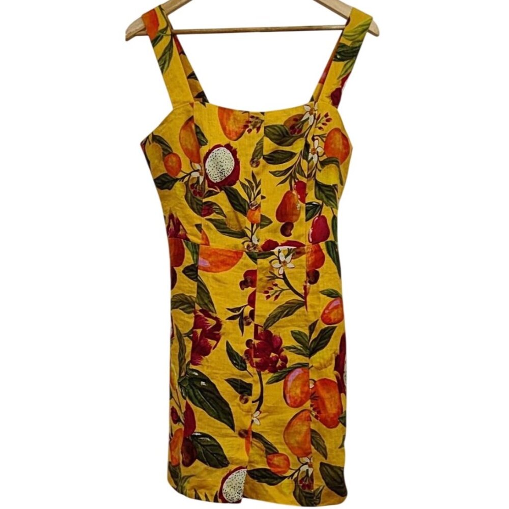 Farm Rio Fruit Lovers Mini Linen Dress Yellow Multicolor Print Size Medium New - Picture 5 of 11